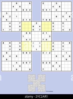 Samurai Sudoku, cinq puzzles de sudoku qui se chevauchent. Symétrie complète, 112 indices. Modéré. Vecteur MK II. Illustration de Vecteur