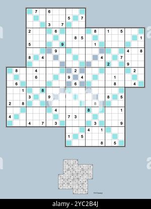 Moulin à vent Sudoku avec variante diagonale. Cinq puzzles de sudoku diagonaux se chevauchant, symétrie de rotation. Facile, 64 indices. Vecteur MK II. Illustration de Vecteur