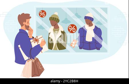 Homme pensif barbu avec des paquets cadeaux regarde la fenêtre du magasin avec des mannequins dans des vêtements masculins d'hiver. Vente de vacances, concept d'acheteur, shopping pour des cadeaux Illustration de Vecteur