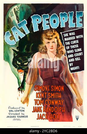 Affiche théâtrale pour la sortie américaine du film Cat People de 1942, un film d'horreur surnaturel américain réalisé par Jacques Tourneur en 1942 et produit pour RKO par Val Lewton Banque D'Images