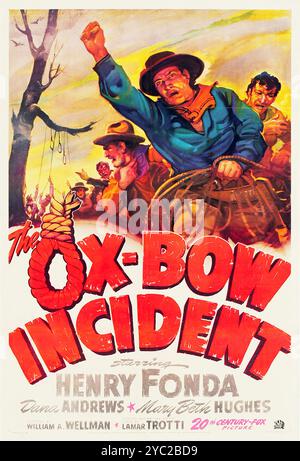 Affiche théâtrale pour la sortie américaine du film occidental de 1942 The Ox-Bow incident feat Henry Fonda, Dana Andrews, Mary Beth Hughes Banque D'Images