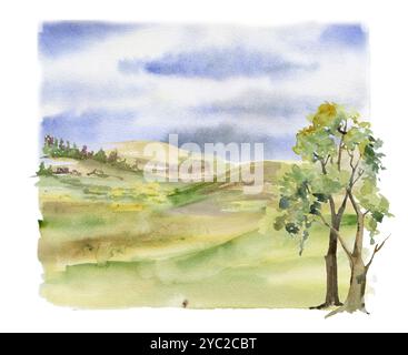 Paysage de paysage, ciel bleu nuageux, prairie verte pâturage prairie prairie prairie pâturage avec arbres, dessiné à la main à l'aquarelle. Illustration pour Banque D'Images