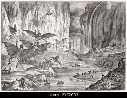 Lithographie « animaux lunaires et autres objets » de Benjamin Henry Day (1810-1889) représentant des créatures fantastiques telles que des figurines de chauve-souris et des licornes sur la Lune, inspirées par le canular de la Grande Lune de 1835. Photographie d'une lithographie originale de 1935. Banque D'Images