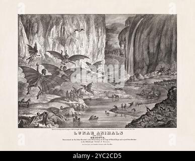 Lithographie « animaux lunaires et autres objets » de Benjamin Henry Day (1810-1889) représentant des créatures fantastiques telles que des figurines de chauve-souris et des licornes sur la Lune, inspirées par le canular de la Grande Lune de 1835. Photographie d'une lithographie originale de 1935. Banque D'Images