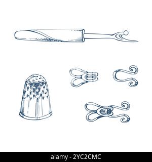 Fermoirs à crochet pour vêtements, cosse en métal argenté, outil de déchirement de couture. Illustration vectorielle d'encre dessinée à la main couture fournitures d'artisanat. Ensemble d'objets isolés sur Illustration de Vecteur