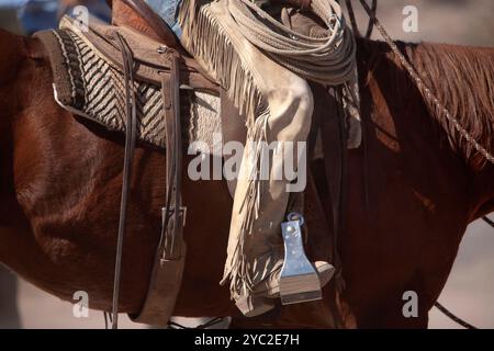 Vue latérale profilée d'une selle de cheval et d'étriers portant des chapes Banque D'Images