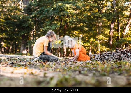 Frères et sœurs jouant ensemble dans la terre entourée de feuillage d'automne Banque D'Images