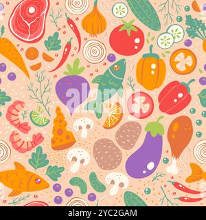 Modèle sans couture d'ingrédients alimentaires dans le style rétro doodle. Motif sans couture Chefcore. Banque D'Images