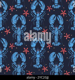 Motif vintage de homards bleus et étoiles. Motif sans couture de homards bleus vintage et étoiles de mer rouges Banque D'Images