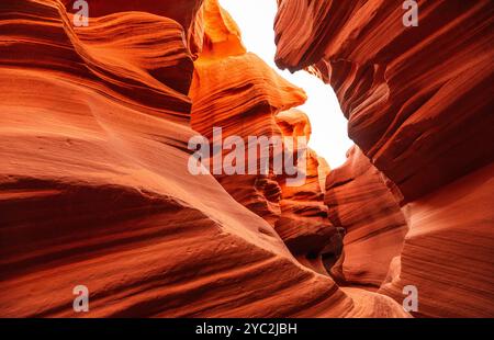 Vue sur les murs de grès courbés à l'intérieur du Lower Antelope Canyon Banque D'Images