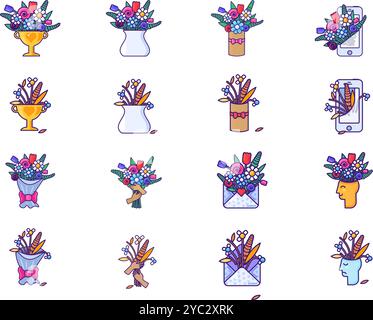 Ensemble d'illustrations graphiques vectorielles avec des fleurs dans une palette vibrante dans un style de dessin animé caressé. Les bouquets sont logés dans un papier d'emballage, vases, bo Illustration de Vecteur