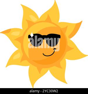 Une illustration vectorielle vibrante du soleil stylisé dans des lunettes de soleil de couleur jaune vif dans un style de dessin animé. Le visage du soleil est ludique et invitant, radiati Illustration de Vecteur