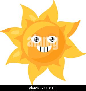 Une illustration vectorielle vibrante de soleil souriant stylisé en couleur jaune vif dans un style de dessin animé. Le design simple mais expressif capture l'essence Illustration de Vecteur