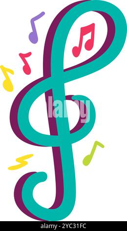 Une illustration vectorielle vibrante d'aigus clef dans un style de dessin animé joyeux. Un festival de musique animé ou une célébration avec une atmosphère joyeuse. Café musical ou clu Illustration de Vecteur
