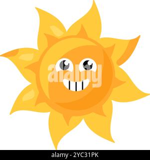 Une illustration vectorielle vibrante de soleil stylisé avec sourire souriant dans une couleur jaune vif dans un style de dessin animé. Le visage du soleil est amical et accueillant, Illustration de Vecteur