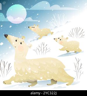 Polar Bear Mother et ses Cubs marchent dans la neige Illustration de Vecteur