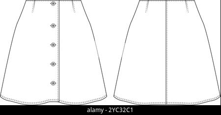 taille moyenne taille mi boutonnée piqué darted mini short une ligne jupe denim jean modèle technique dra Illustration de Vecteur