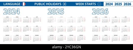 Modèle de calendrier simple en français pour 2024, 2025, 2026 ans. La semaine commence à partir du lundi. Illustration vectorielle. Illustration de Vecteur