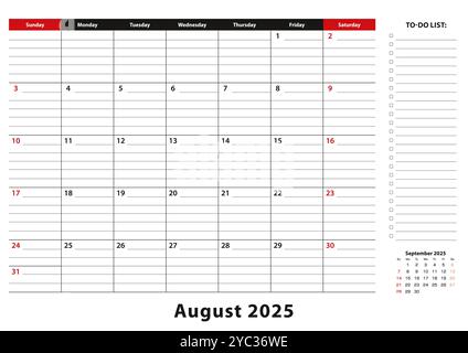 Août 2025 la semaine du calendrier mensuel du bloc-notes commence le dimanche, taille A3. Agenda du mois d'août 2025 avec liste de tâches et place pour les notes. Illustration de Vecteur