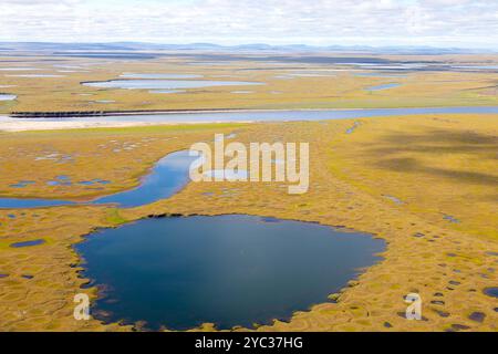 Vue aérienne de la toundra dans le delta de la rivière Lena, Yakoutie, Russie Banque D'Images