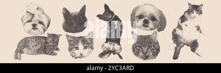Ensemble de collage vectoriel avec des chiens et des chats drôles. Effet pointillé demi-teinte vintage Illustration de Vecteur