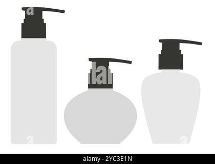 Ensemble de paquet Silhouette pour produit cosmétique. Récipient en plastique de collecte avec pompe, bouteille, spray. Vecteur de collection de kit de maquette d'emballage, isolat Illustration de Vecteur