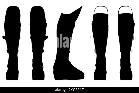 Ensemble avec une silhouette de bottes hautes avec fermoirs de lignes noires isolées sur un fond blanc. Vue avant, latérale, arrière. Illustration vectorielle. Illustration de Vecteur