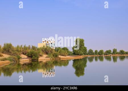 Lacs Al Qudra dans la réserve de conservation du désert Al Marmoom, lieu populaire pour les loisirs et les pique-niques. Dubaï, Émirats arabes Unis Banque D'Images