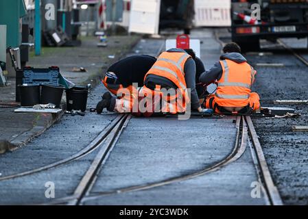 PRODUCTION - 21 octobre 2024, Hesse, Francfort-sur-le-main : à l'arrêt de tramway du côté sud de la gare principale, des câbles pour le système de contrôle des points sont posés dans le cadre de travaux de rénovation. Prévoyez du temps supplémentaire lorsque vous conduisez à travers les villes de Hesse pour le moment. En effet, des travaux routiers sont effectués dans de nombreux endroits. L'arriéré de rénovation est long et ne sera pas résolu rapidement. Photo : Arne Dedert/dpa Banque D'Images