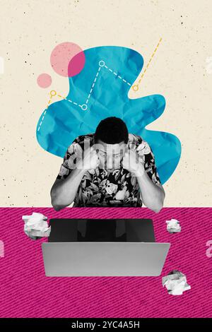 Image d'illustration de collage composite verticale de l'ordinateur portable de Guy impressionné isolé sur fond créatif Banque D'Images