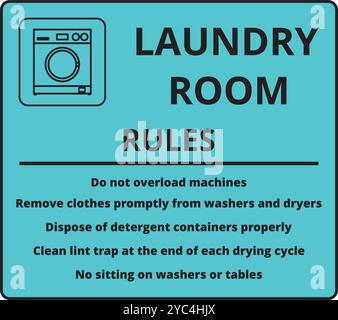 Bannière bleue des règles de la buanderie avec texte et le dessin d'une icône de machine à laver Illustration de Vecteur