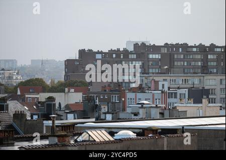 Vue en angle élevé sur les toits et les immeubles d'appartements dans un quartier résidentiel lors d'une journée brumeuse dans la région de Bruxelles-capitale, Belgique Banque D'Images