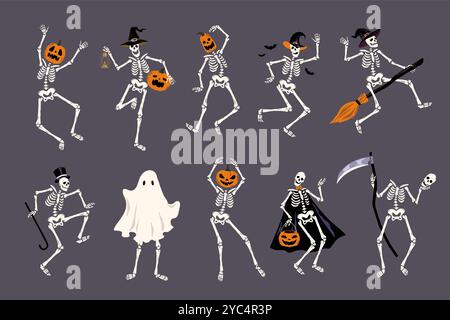 Personnages dansants d'Halloween avec des citrouilles. Dessins animés squelettes de vacances drôles, fantômes et sorcières, mascottes de fête effrayantes, morts isolés décoratifs effrayants Illustration de Vecteur