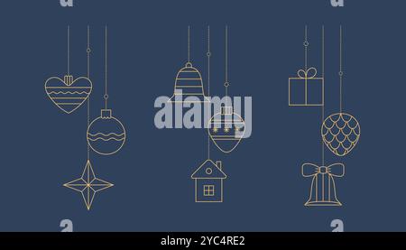Silhouette linéaire de contour élégant doré du jouet de boule de Noël, boule, étoile. Décoration vectorielle de Noël de vacances pour carte, bannière, affiche. Illustration de Vecteur