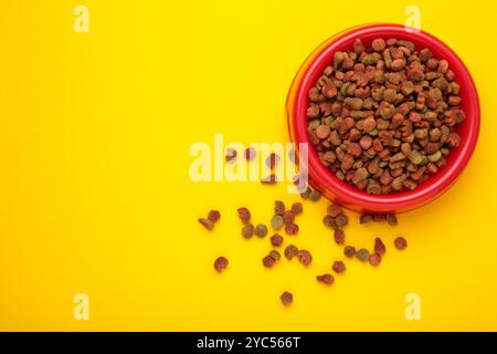 Nourriture pour animaux dans un bol rouge sur fond jaune. Espace pour le texte. Vue de dessus Banque D'Images