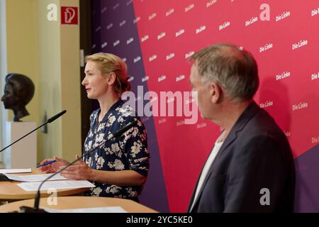 Parteivorsitzende Die Linke vor der presse 2024-10-21 Deutschland, Berlin Pressekonferenz der auf dem Parteitag in Halle frisch gewählten Doppelspitze der Partei Die Linke im Karl-Liebknecht-Haus, der Parrteizentrale in Berlin. IM Bild Ines Schwerdtner, Parteivorsitzende Die Linke, und Jan van Aken, Parteivorsitzender Die Linke. *** Présidents du Parti de gauche devant la presse 2024 10 21 Allemagne, Berlin Conférence de presse de la nouvelle direction du Parti de gauche lors de la conférence du Parti à Halle à Karl Liebknecht Haus, le siège du parti à Berlin Banque D'Images