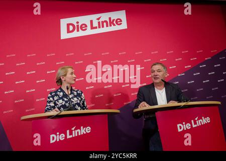 Parteivorsitzende Die Linke vor der presse 2024-10-21 Deutschland, Berlin Pressekonferenz der auf dem Parteitag in Halle frisch gewählten Doppelspitze der Partei Die Linke im Karl-Liebknecht-Haus, der Parrteizentrale in Berlin. IM Bild Ines Schwerdtner, Parteivorsitzende Die Linke, und Jan van Aken, Parteivorsitzender Die Linke. *** Présidents du Parti de gauche devant la presse 2024 10 21 Allemagne, Berlin Conférence de presse de la nouvelle direction du Parti de gauche lors de la conférence du Parti à Halle à Karl Liebknecht Haus, le siège du parti à Berlin Banque D'Images