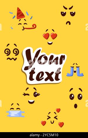 Star emoji. Expression de l'émotion. Visage souriant. Émoticônes joyeuses ou en colère. Icône jaune étoilé. Personnage drôle de l'espace. Amour coeur. Smileys confus ou joyeux. Vacances amusantes. Pleurer des larmes. Bannière de texte vectoriel Illustration de Vecteur