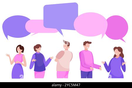 Les gens parlent. Communiquez la personne, l'icône parler de bulle de chat ou le réseau de dialogue d'affaires de groupe. La communauté pense et parle, les hommes et les femmes discutent de dessin animé plat illustration isolée. Conception vectorielle Illustration de Vecteur