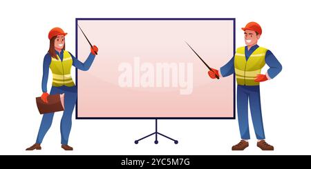 Sécurité au travail. Homme et femme travailleur dans l'industrie du danger. Sécurité de la construction. Présentation des accidents de santé. Ouvrier au tableau noir. Enseignement des employés. Ingénieur en uniforme de vêtements de travail. Illustration vectorielle Illustration de Vecteur