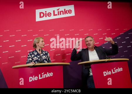 Parteivorsitzende Die Linke vor der presse 2024-10-21 Deutschland, Berlin Pressekonferenz der auf dem Parteitag in Halle frisch gewählten Doppelspitze der Partei Die Linke im Karl-Liebknecht-Haus, der Parrteizentrale in Berlin. IM Bild Ines Schwerdtner, Parteivorsitzende Die Linke, und Jan van Aken, Parteivorsitzender Die Linke. *** Présidents du Parti de gauche devant la presse 2024 10 21 Allemagne, Berlin Conférence de presse de la nouvelle direction du Parti de gauche lors de la conférence du Parti à Halle à Karl Liebknecht Haus, le siège du parti à Berlin Banque D'Images