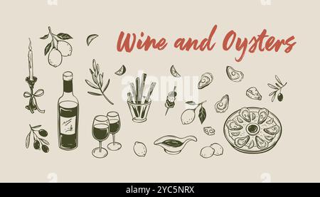 Fond rectangle horizontal à écriture manuscrite minimaliste du vin et des huîtres. Restaurant de poissons et fruits de mer et menu de bar. Illustration vectorielle de gravure dessinée à la main Illustration de Vecteur