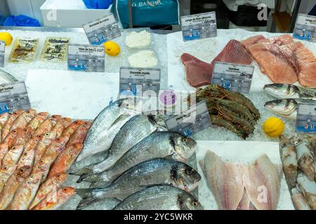 Comptoir à poissons aux Halles, Meze, Hérault, Occitanie, France, Europe Banque D'Images