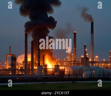 Vue aérienne de la centrale au charbon de tuyaux hauts avec fumée noire se déplaçant vers le haut de l'atmosphère polluante au coucher du soleil Banque D'Images