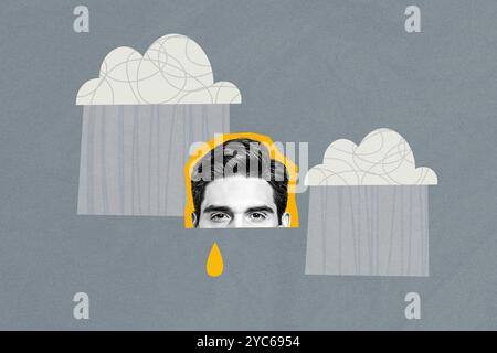 Affiche de collage créative jeune homme dépression pleurer ciel larme nuages pluie douche mélancolie triste bouleversement d'humeur négative solitude Banque D'Images