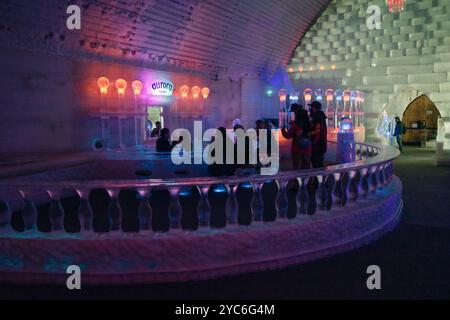 Fairbanks, 20 mars 2023 - vue intérieure du bar du musée de glace Aurora. Photo de haute qualité Banque D'Images