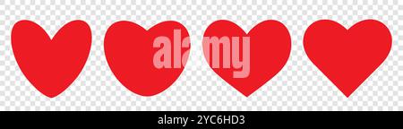 Un ensemble de quatre coeurs rouges sur un fond transparent. Icônes de coeur de dessin animé. Illustration de Vecteur