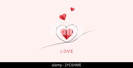 Une carte postale pour le 14 février. Un coeur en papier avec un contour esquissé sur une forme rose. Autocollant coeur. Illustration de Vecteur