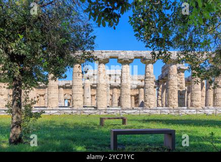 Vue des anciens temples grecs à Paestum en Italie : au premier plan la colonnade du Temple d'Héra, appelée la Basilique. Banque D'Images