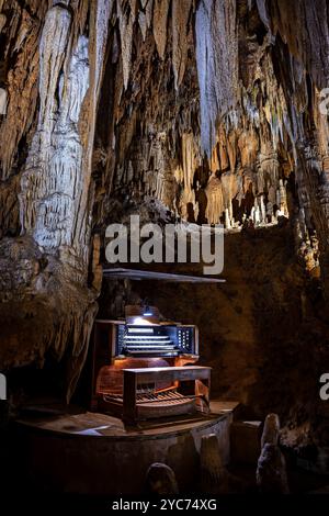 LURAY, Virginie, États-Unis — le Great Stalacpipe Organ, situé dans les grottes de Luray, est le plus grand instrument de musique au monde, utilisant des stalactites naturelles pour produire du son. Conçu et construit par Leland W. Sprinkle en 1956, cet orgue unique couvre plus de trois hectares de cavernes, produisant de la musique en frappant des stalactites avec des maillets à bout de caoutchouc. Banque D'Images